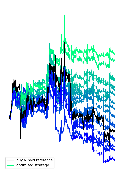 Boatwright parameter scan comparing optimized strategies with a buy-and-hold reference